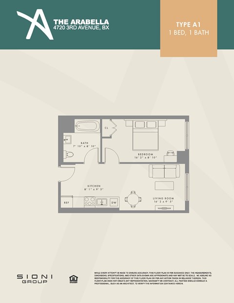 Floor plan for 1 bed, 1 bath, 508 sqft